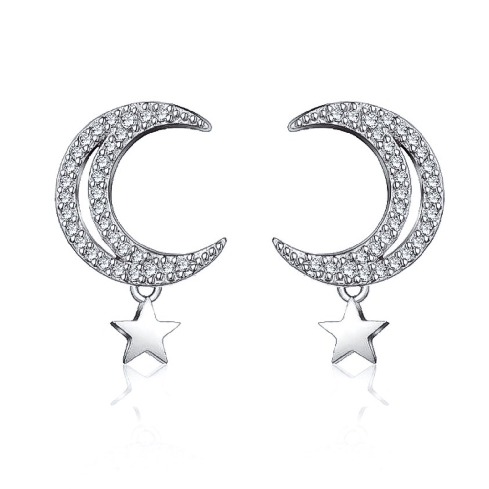Delicate Silver Tone Moon & Dangling Star Earrings - Picture 2 of 8